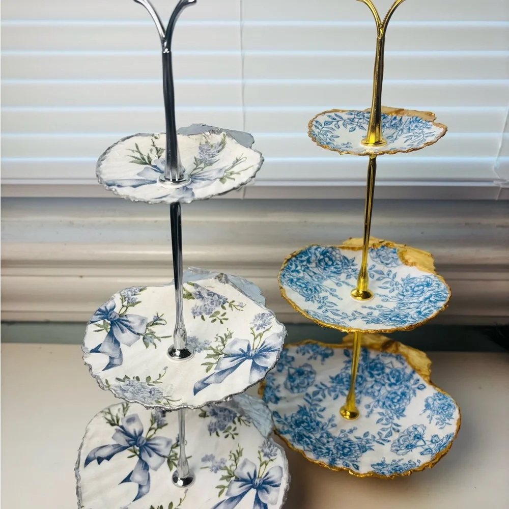 Handmade 3 Tier Scallop Shell Jewelry Stand With Blue Bow Decoupage design